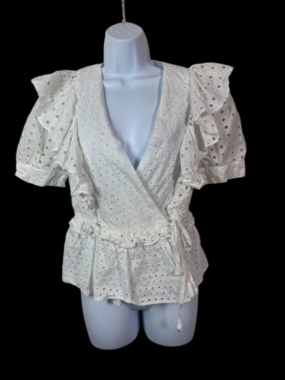 J.Crew White Eyelet Wrap Top Ruffled Short Sleeves Small Cottagecore 100% Cotton